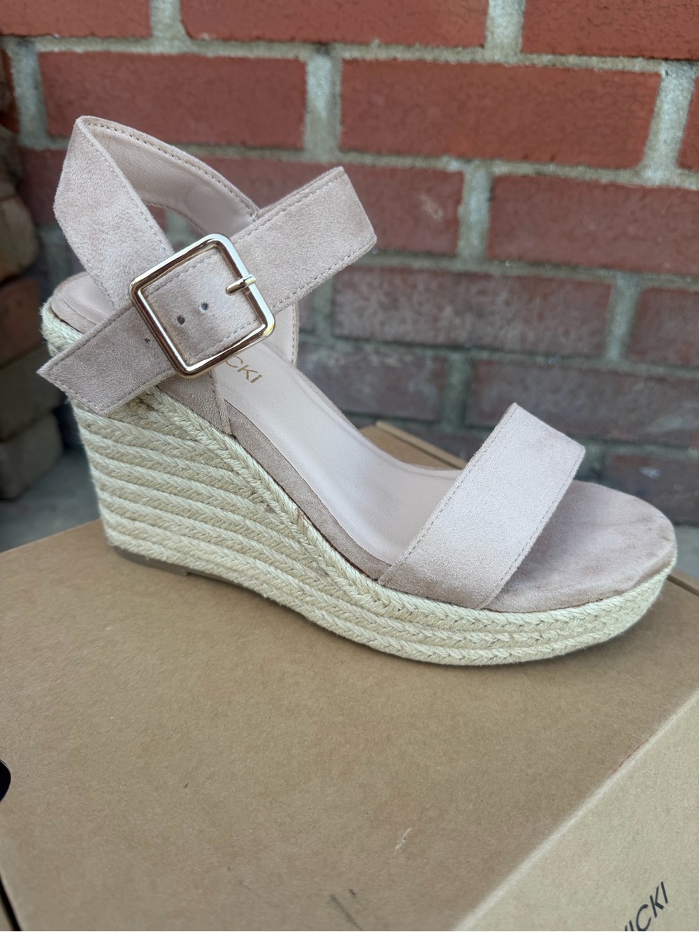 Women’s Suede Espadrille Wedge Sandals in Blush with Buckle Strap
